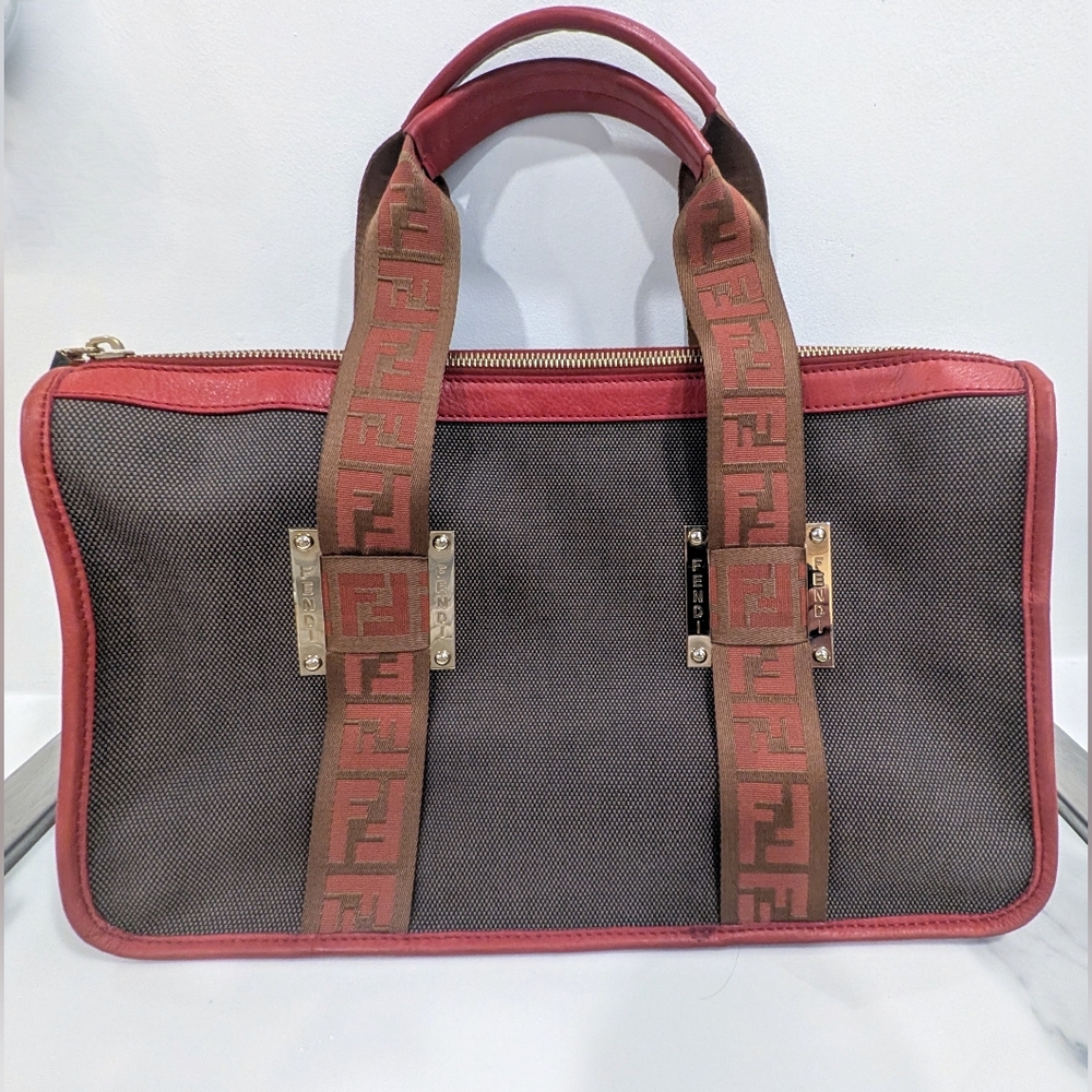 Fendi Zucca Logo Straps Brown With Red Leather Trim